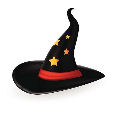 A black witch's hat against a white background, with yellow stars on the top of the hat and a red band.
