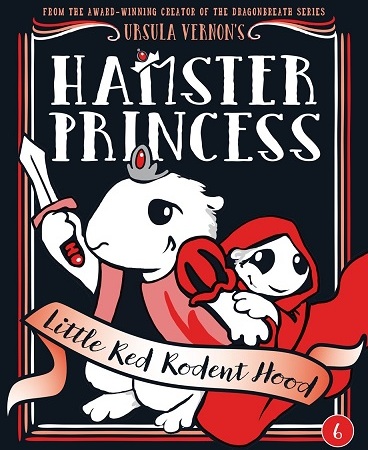 Black, red, and white illustration. A hamster wearing a crown brandishes a sword and stands protectively in front of a smaller hamster wearing a red cloak.