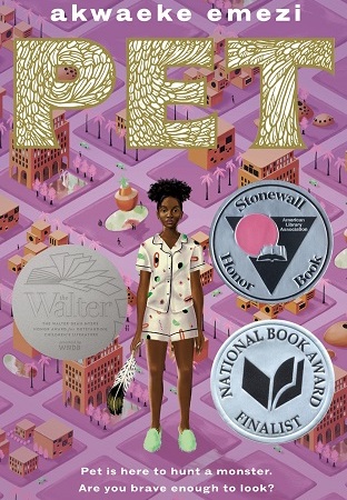 Image: A teen girl with dark brown skin and black hair wears pajamas and slippers and holds a large feather. Behind her is a purple, futuristic cityscape in square grids.
